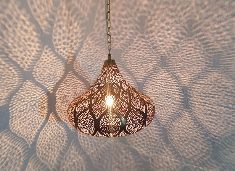 Handmade Moroccan Brass Pendant Light: Shadow Pattern Lantern