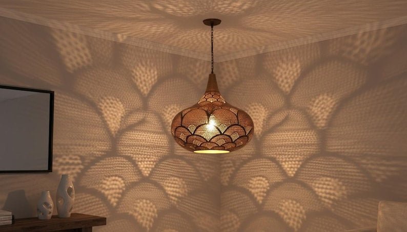 Handcrafted Moroccan Brass Pendant Light: Pierced Teardrop Boho Lamp