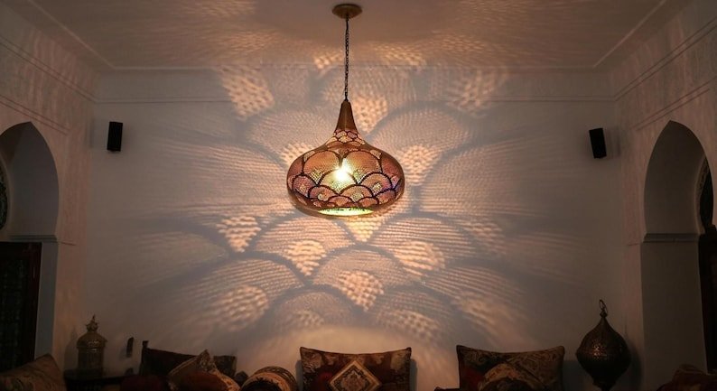 Handcrafted Moroccan Brass Pendant Light: Pierced Teardrop Boho Lamp