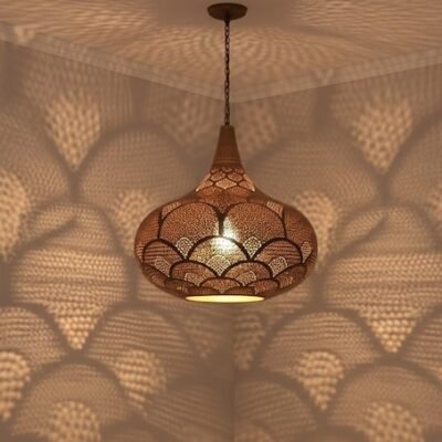 Handcrafted Moroccan Brass Pendant Light: Pierced Teardrop Boho Lamp