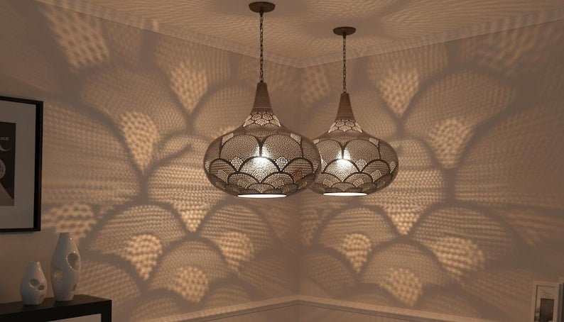 Handcrafted Moroccan Brass Pendant Light: Pierced Teardrop Boho Lamp