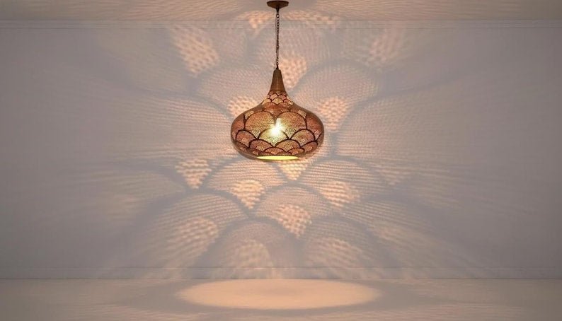 Handcrafted Moroccan Brass Pendant Light: Pierced Teardrop Boho Lamp