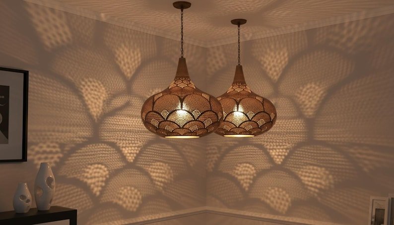 Handcrafted Moroccan Brass Pendant Light: Pierced Teardrop Boho Lamp