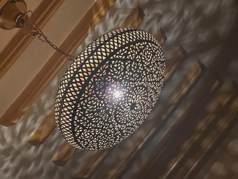 Handcrafted Brass Pendant Light • Moroccan Pierced Lamp • Boho Ceiling Fixture • Warm Shadow Effect • Handmade Metal Lighting