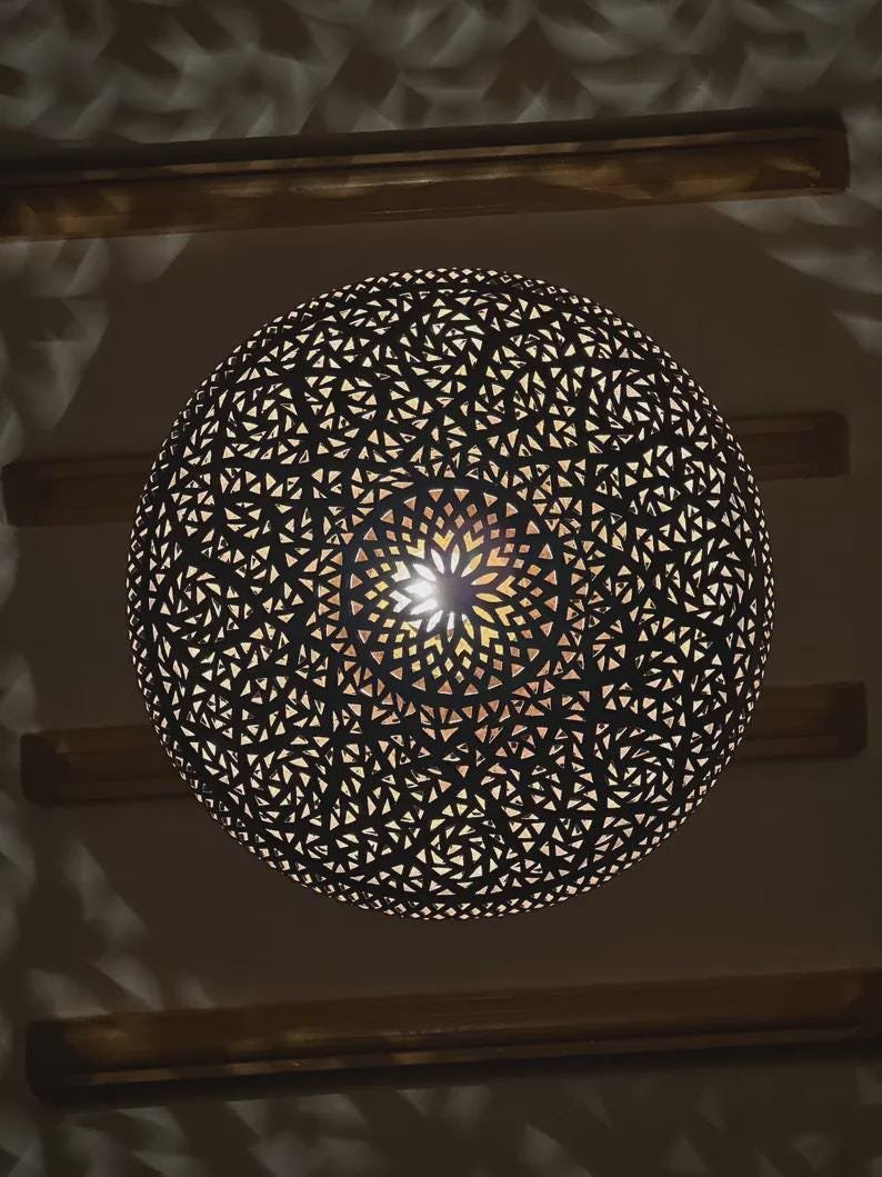 Handcrafted Brass Pendant Light • Moroccan Pierced Lamp • Boho Ceiling Fixture • Warm Shadow Effect • Handmade Metal Lighting