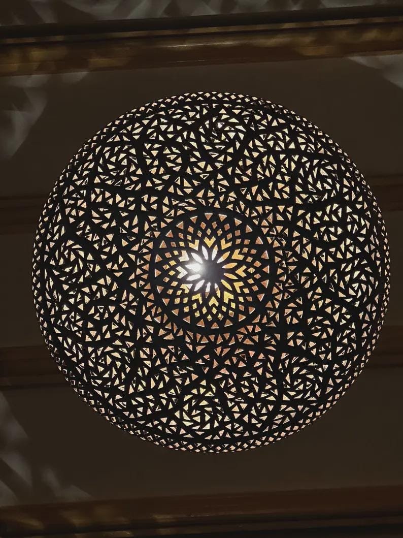 Handcrafted Brass Pendant Light • Moroccan Pierced Lamp • Boho Ceiling Fixture • Warm Shadow Effect • Handmade Metal Lighting