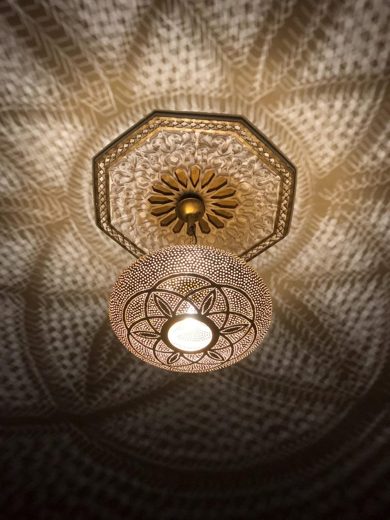 Handmade Moroccan Brass Pendant Light Fixture Rustic Farmhouse Hanging Ceiling Lamp Boho Chandelier for Kitchen, Dining Room & Entryway