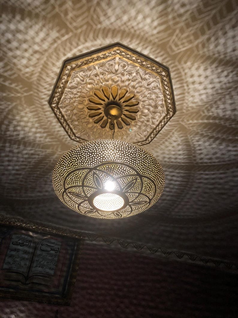 Handmade Moroccan Brass Pendant Light Fixture Rustic Farmhouse Hanging Ceiling Lamp Boho Chandelier for Kitchen, Dining Room & Entryway