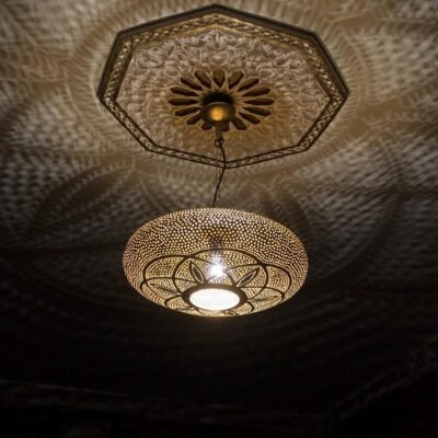 Handmade Moroccan Brass Pendant Light Fixture Rustic Farmhouse Hanging Ceiling Lamp Boho Chandelier for Kitchen, Dining Room & Entryway