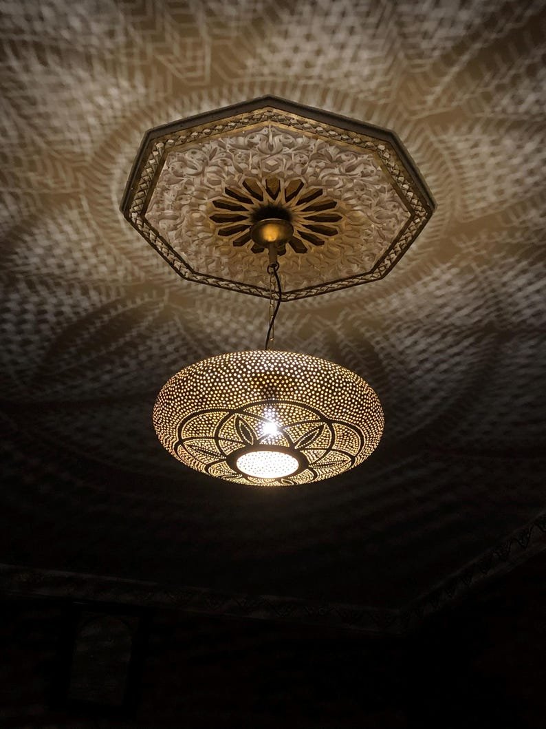 Handmade Moroccan Brass Pendant Light Fixture Rustic Farmhouse Hanging Ceiling Lamp Boho Chandelier for Kitchen, Dining Room & Entryway