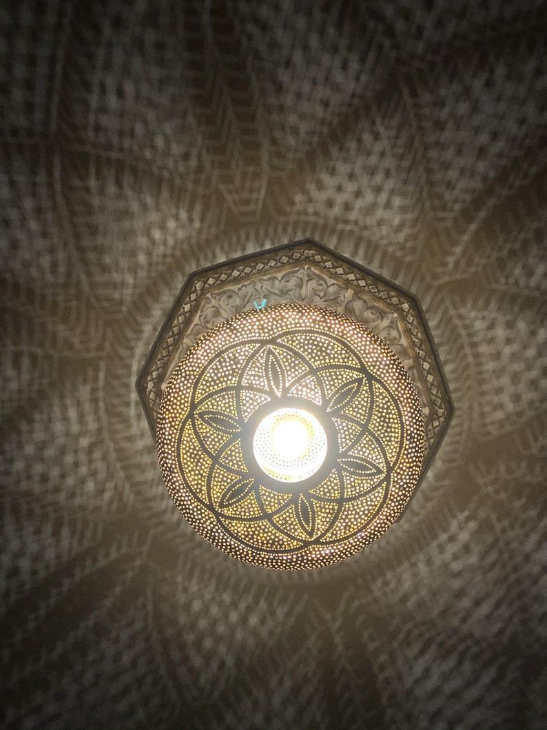 Handmade Moroccan Brass Pendant Light Fixture Rustic Farmhouse Hanging Ceiling Lamp Boho Chandelier for Kitchen, Dining Room & Entryway