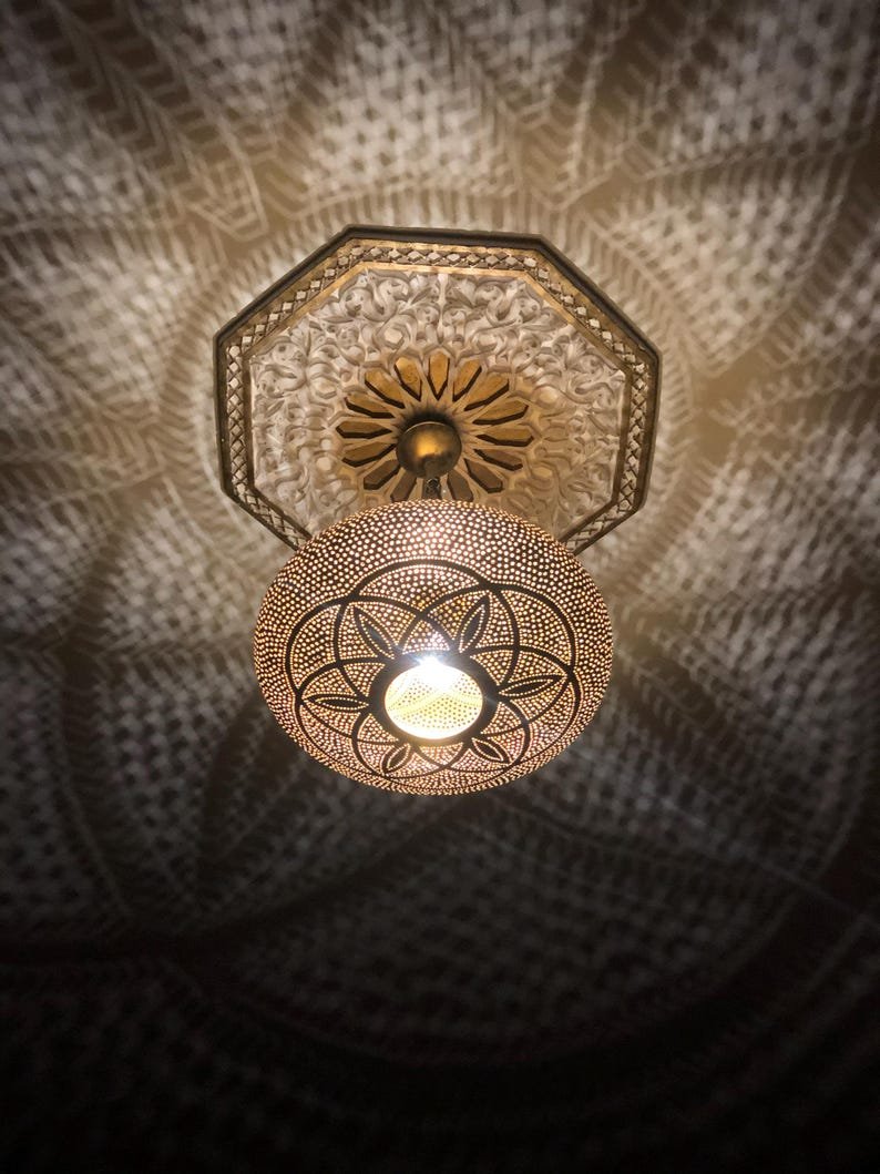 Handmade Moroccan Brass Pendant Light Fixture Rustic Farmhouse Hanging Ceiling Lamp Boho Chandelier for Kitchen, Dining Room & Entryway