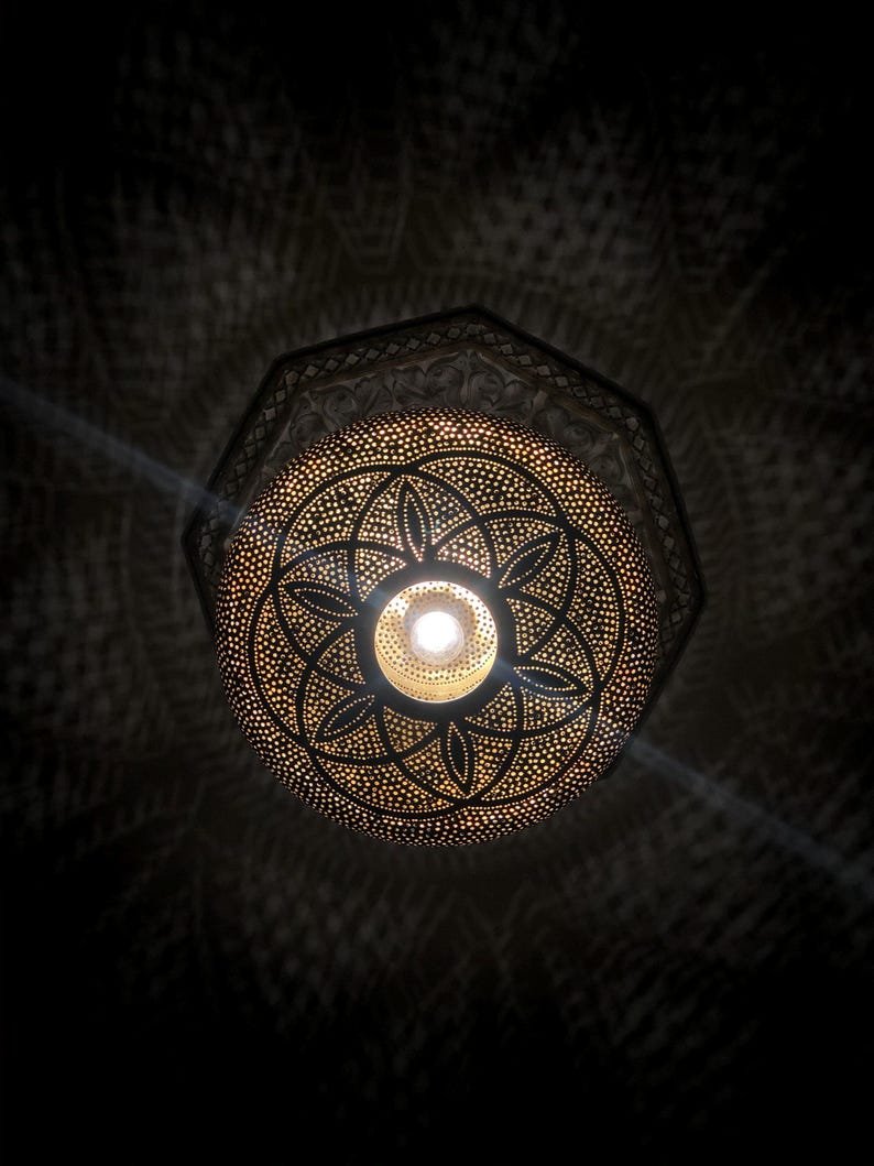 Handmade Moroccan Brass Pendant Light Fixture Rustic Farmhouse Hanging Ceiling Lamp Boho Chandelier for Kitchen, Dining Room & Entryway