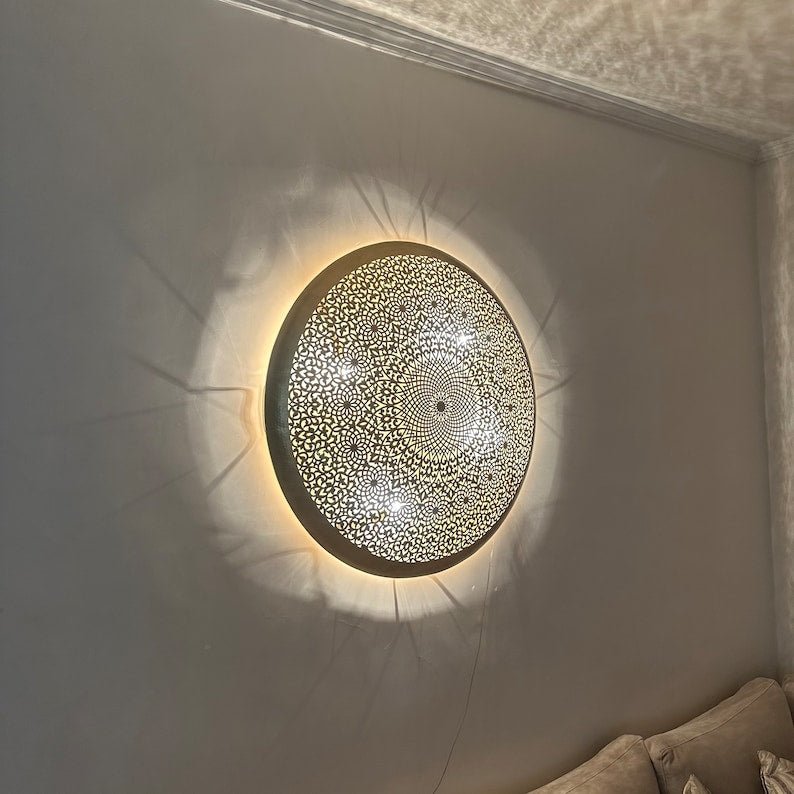 Elegant Moroccan Circle Wall Sconce, Handmade Moroccan wall light Available in Multiple Sizes for any Room, Moroccan lighting, Brass lamp
