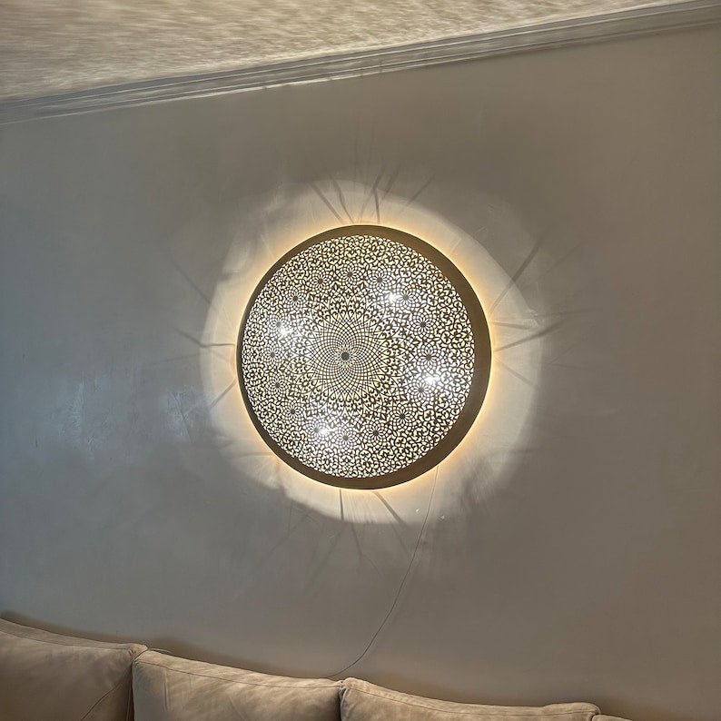 Elegant Moroccan Circle Wall Sconce, Handmade Moroccan wall light Available in Multiple Sizes for any Room, Moroccan lighting, Brass lamp