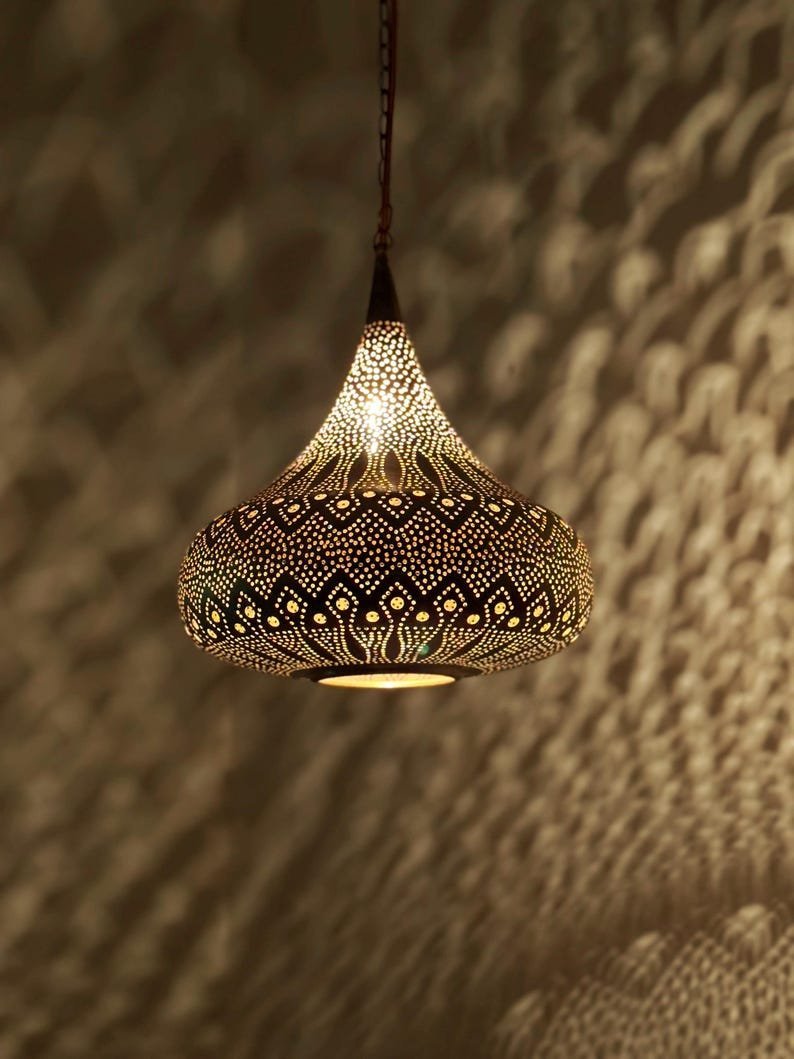 Handmade Moroccan Brass Pendant Lamp Pierced Teardrop Ceiling Light