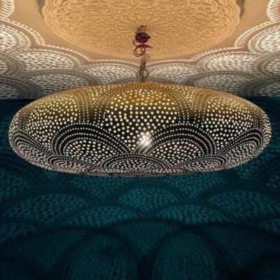 Handmade Moroccan Brass Pendant Light, Pierced Ceiling Lamp with Geometric Shadow Pattern