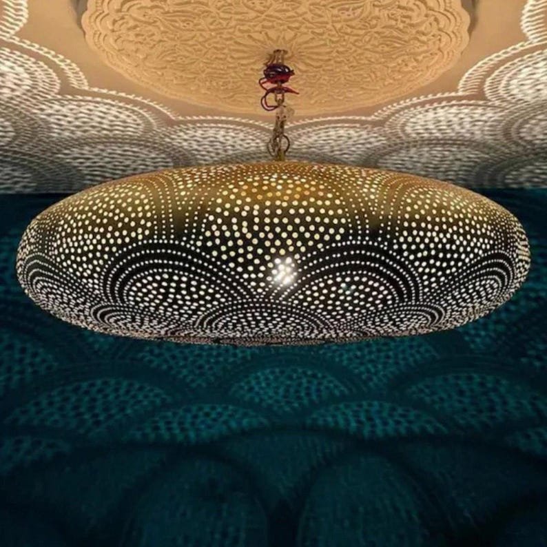 Handmade Moroccan Brass Pendant Light, Pierced Ceiling Lamp with Geometric Shadow Pattern