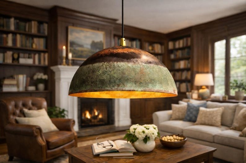 Rustic Patina Dome Pendant Light – Warm Ambient Glow