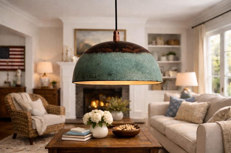Rustic Patina Dome Pendant Light – Warm Ambient Glow