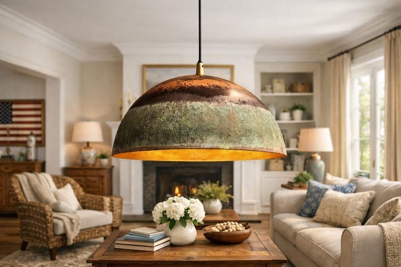 Rustic Patina Dome Pendant Light – Warm Ambient Glow