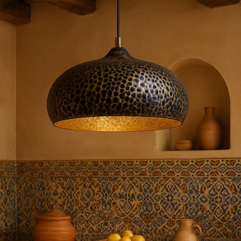 barss7 (1) Hand-Hammered Brass Dome Light – Rustic Moroccan Hanging Lamp