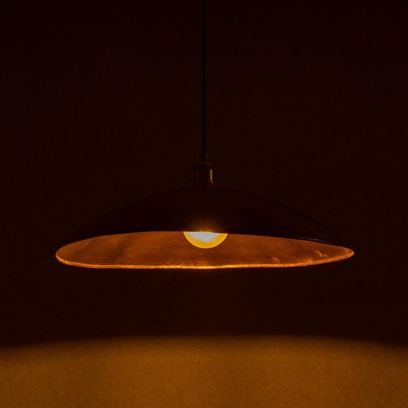 Wide Hammered Brass Disc Pendant Light