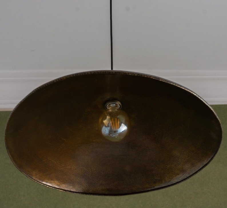 Wide Hammered Brass Disc Pendant Light