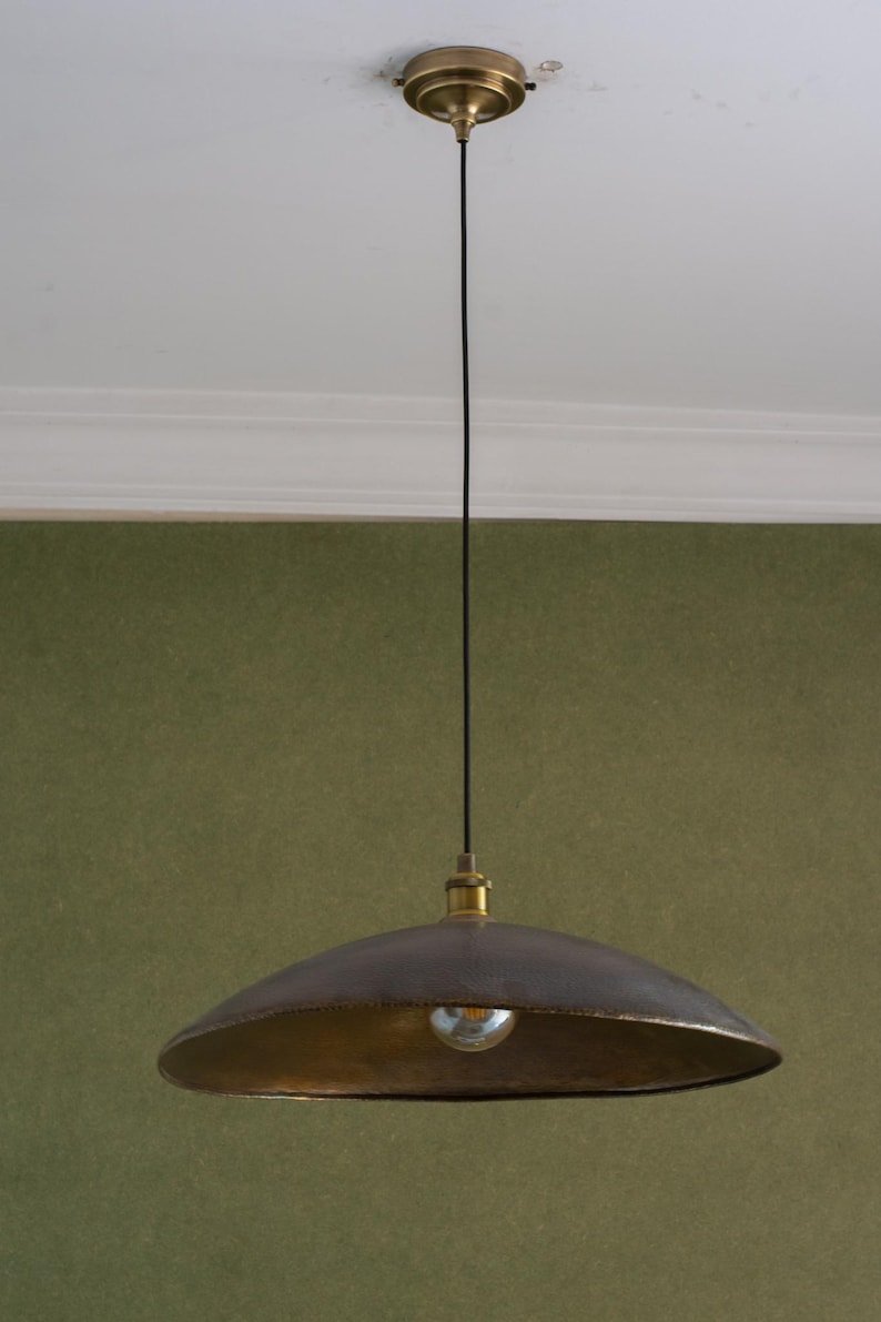 Wide Hammered Brass Disc Pendant Light