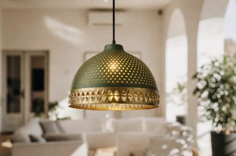 il_794xN.7779337445_sryc Moroccan Perforated Brass Dome Pendant Light (Green Patina)