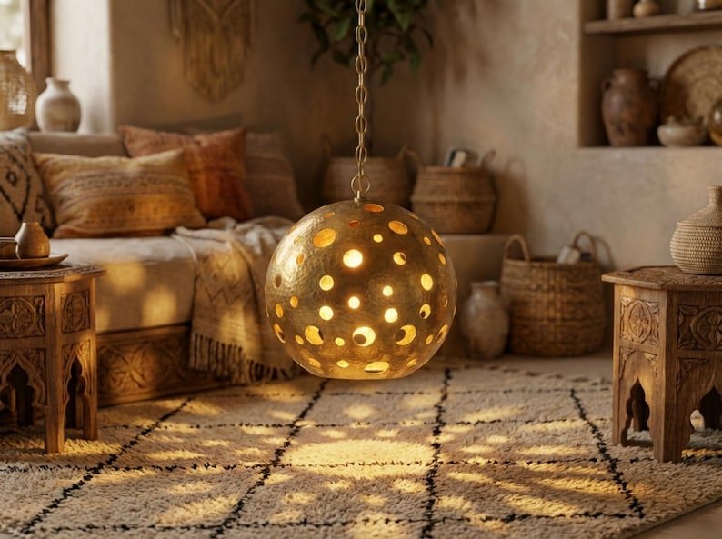Moroccan Hand-Hammered Brass Globe Pendant Light