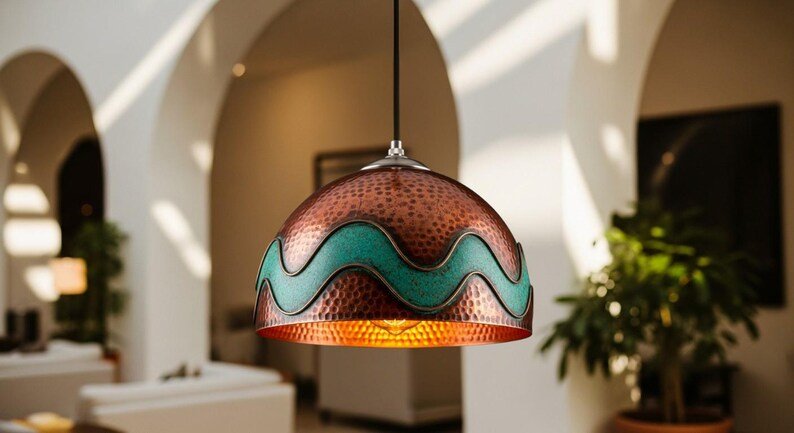 Hand-Hammered Copper Pendant Light with Turquoise Wave Inlay