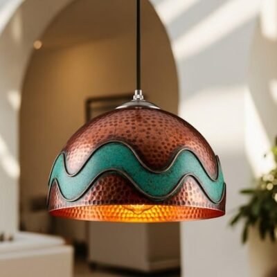 Hand-Hammered Copper Pendant Light with Turquoise Wave Inlay