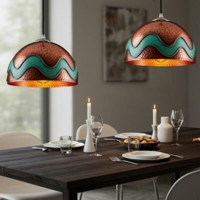 Hand-Hammered Copper Pendant Light with Turquoise Wave Inlay