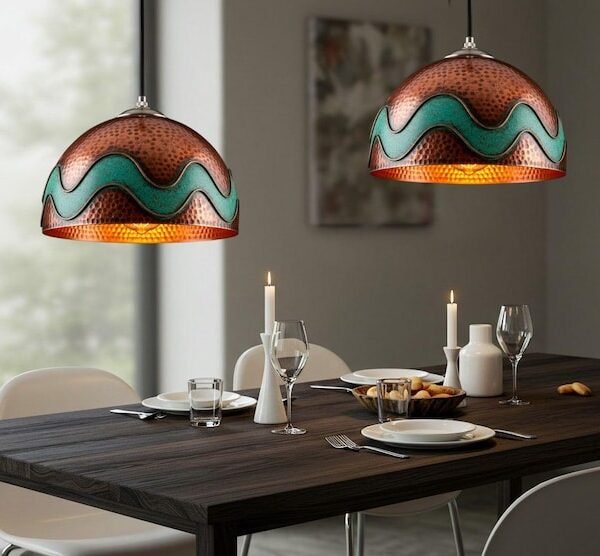 Hand-Hammered Copper Pendant Light with Turquoise Wave Inlay