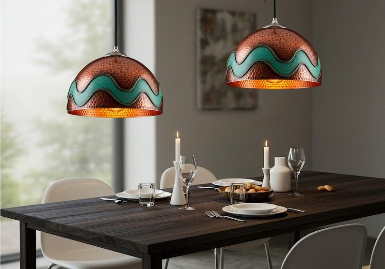 Hand-Hammered Copper Pendant Light with Turquoise Wave Inlay