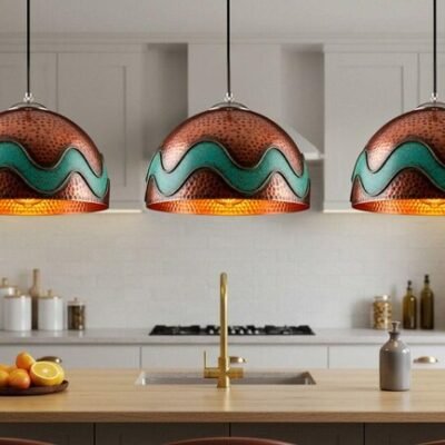 Hand-Hammered Copper Pendant Light with Turquoise Wave Inlay