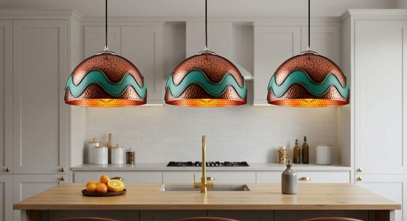 Hand-Hammered Copper Pendant Light with Turquoise Wave Inlay