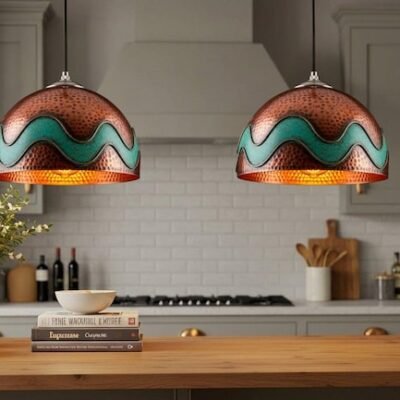 Hand-Hammered Copper Pendant Light with Turquoise Wave Inlay