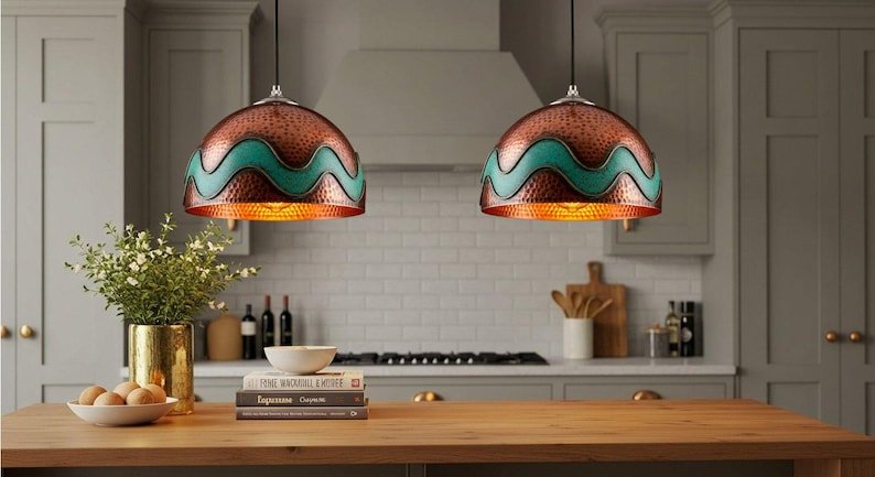 Hand-Hammered Copper Pendant Light with Turquoise Wave Inlay