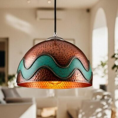 Hand-Hammered Copper Pendant Light with Turquoise Wave Inlay