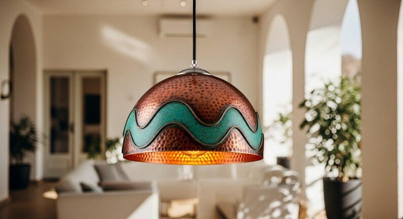 Hand-Hammered Copper Pendant Light with Turquoise Wave Inlay