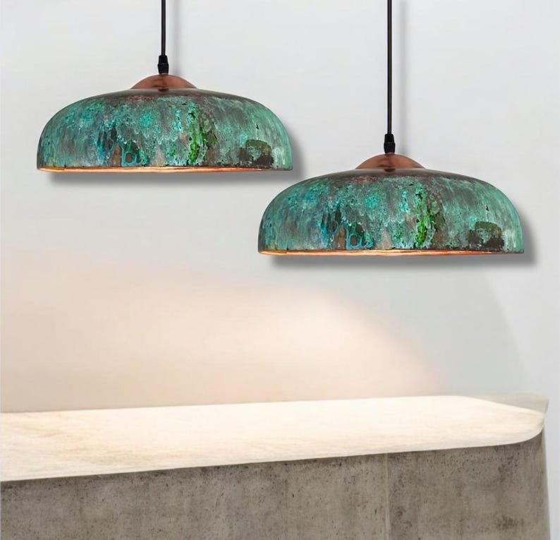 marocin 5 (6) Set of 2 Verdigris Brass Dome Pendant Lights – Handmade Green Patina
