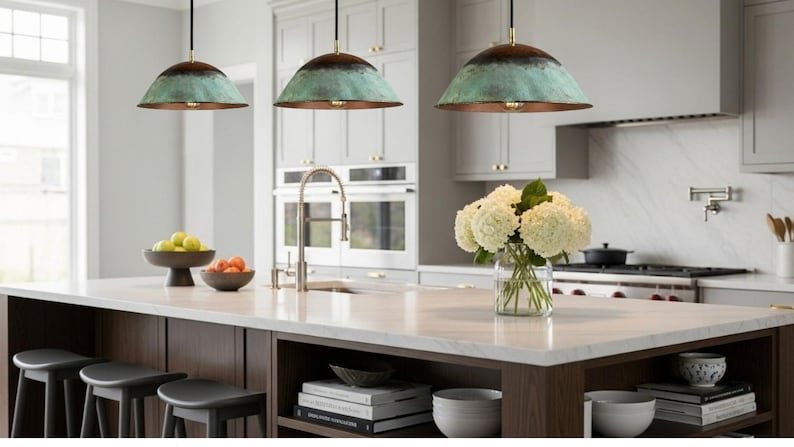 maroocin 7 (6) Rustic Patina Copper Dome Pendant Light