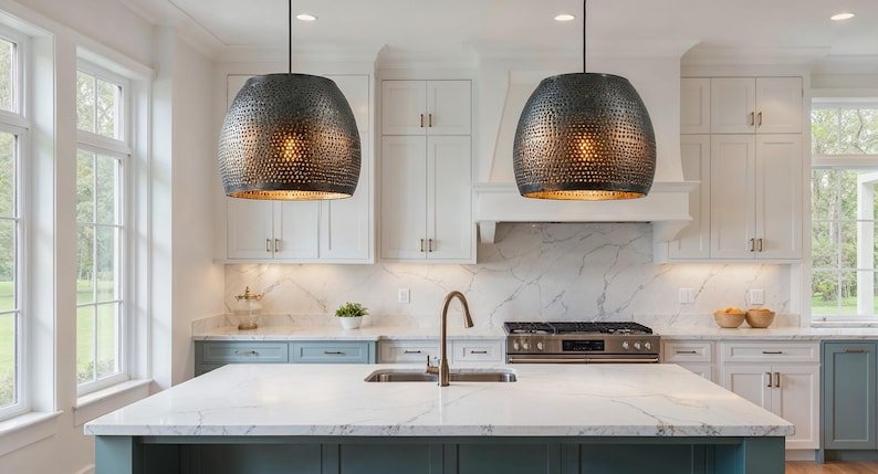 Perforated Verdigris Drum Pendant Light