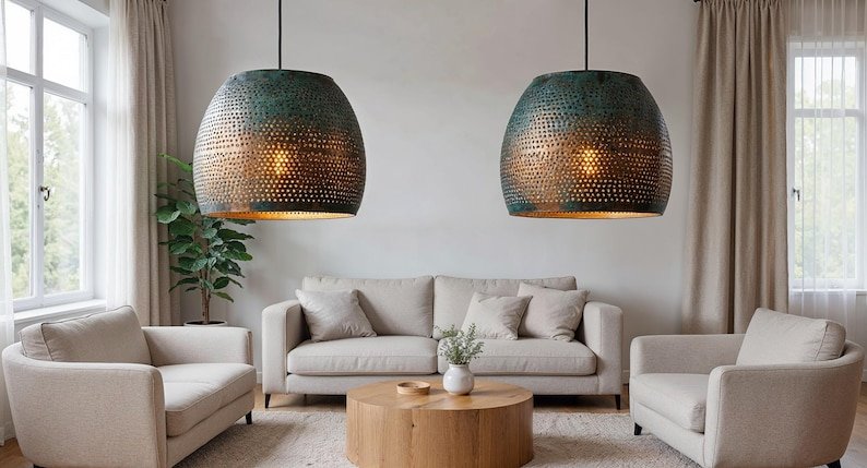 Perforated Verdigris Drum Pendant Light