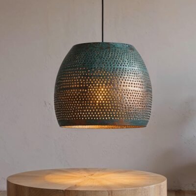 Perforated Verdigris Drum Pendant Light