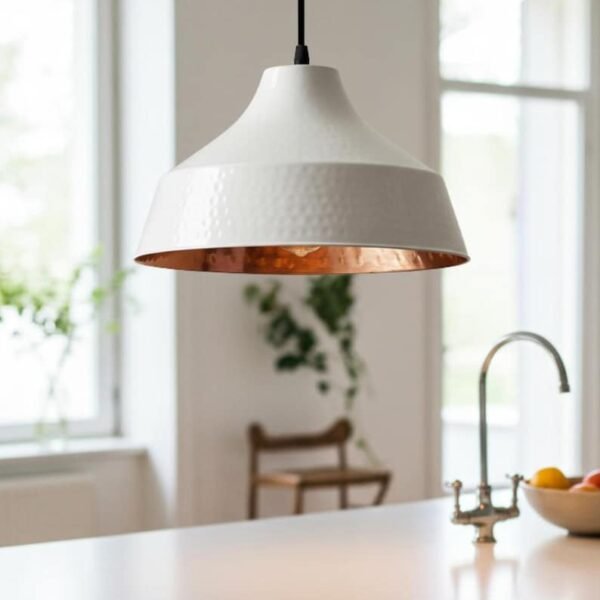 White & Copper Hammered Dome Pendant Light