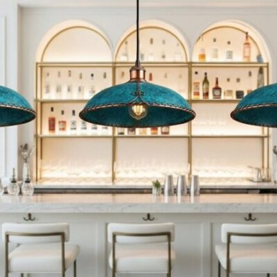 Moroccan Turquoise Patina Pendant Light with Copper Trim