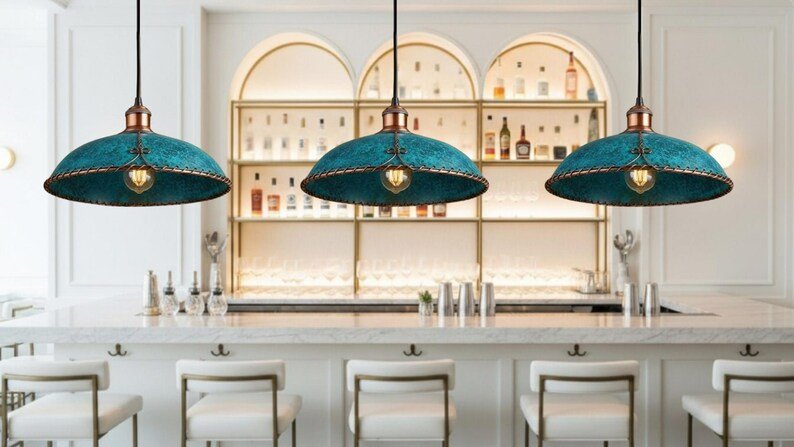 Moroccan Turquoise Patina Pendant Light with Copper Trim